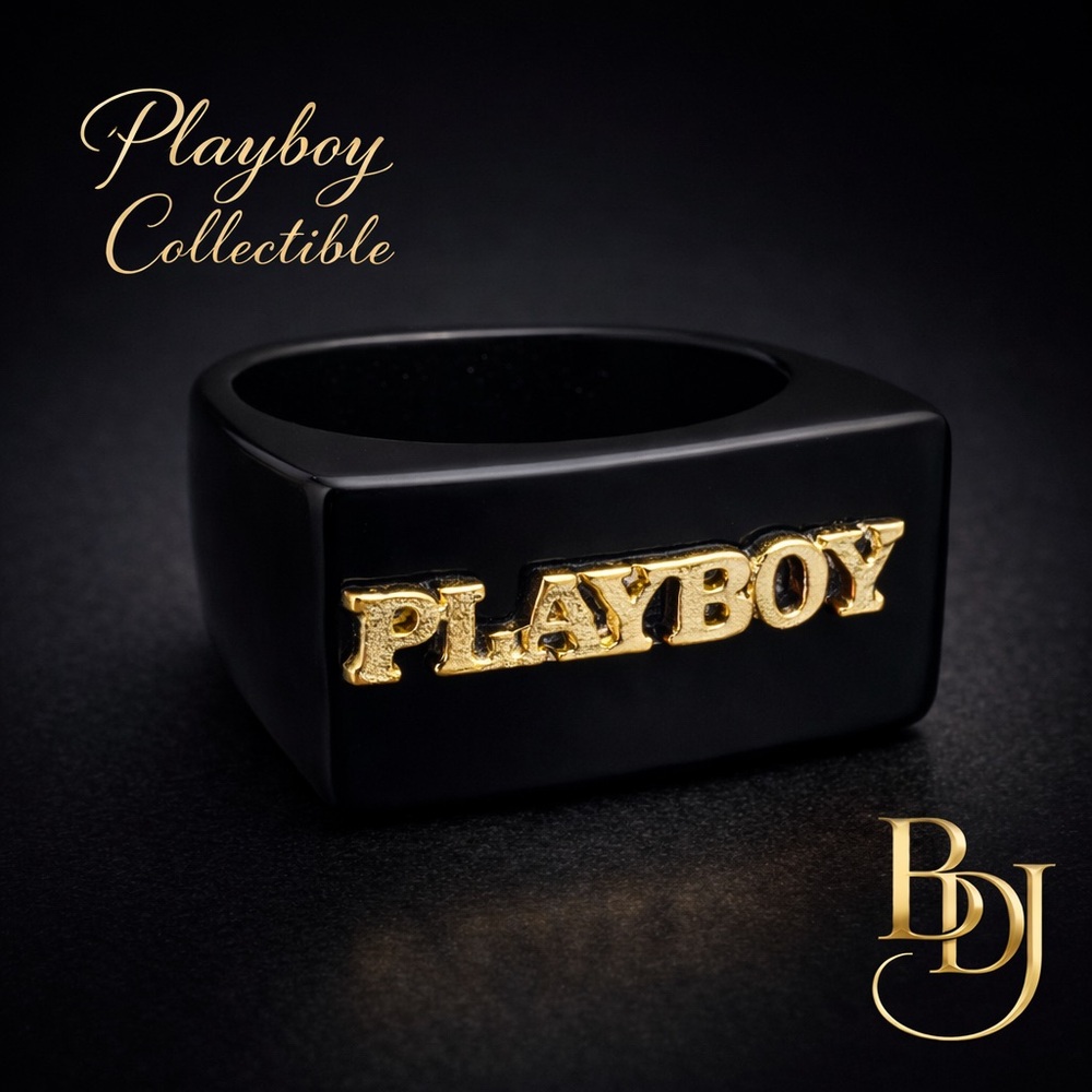 Vintage Playboy Black Glass Ring Gold Logo Size 7 Y2K Collectible Statement